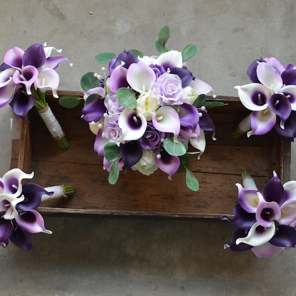 Lilac Purple Bridal Bouquet, Real Touch Lilac Calla Lilies, Real touch Ivory Roses, Ivory Calla Lilies Baby's Breath, Burlap Lace