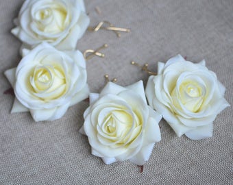 Wedding Flower Hair Clips-Real Touch Cream White Rose Hair Clip, Bridal Hair Flower, Flower Girls Hair Pins