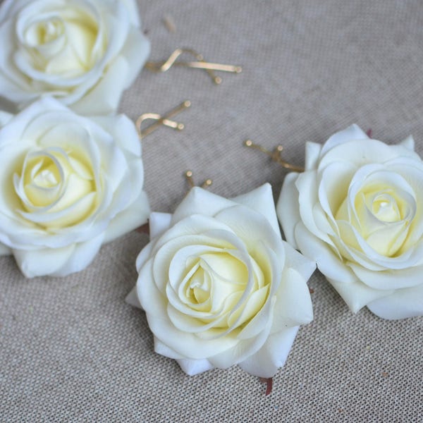 Clips à cheveux de fleurs de mariage-Real Touch Cream White Rose Hair Clip, Bridal Hair Flower, Flower Girls Hair Pins