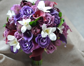 Burgundy Purple Bridal Bouquet, Real Touch Callas, Roses, Burgundy Peonies, Orchids, Wedding Bouquets