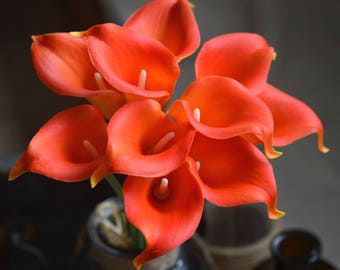 Dark Orange Calla Lilies, Real Touch Wedding Bouquet Flowers - 10 Stems