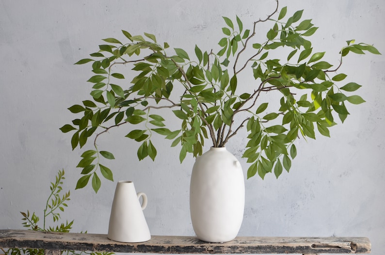 May include: Two white ceramic vases, one tall and round, the other short and conical, with a leafy green plant in the tall vase.