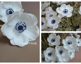 Natural Real Touch Not Silk White Anémones Deep Blue Center Single Stem DIY Bouquets de mariée de mariage, Centres de table, Fleurs décoratives