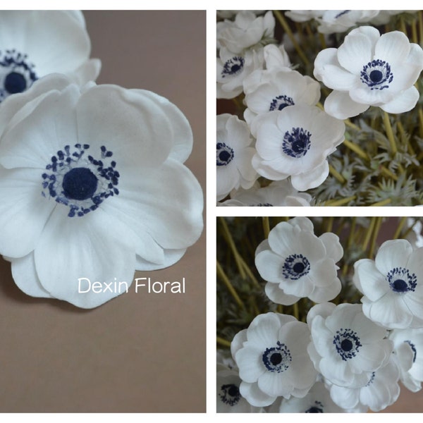 Natural Real Touch Not Silk White Anemones Deep Blue Center Single Stem DIY Wedding Bridal Bouquets, Centerpieces, Decorative Flowers