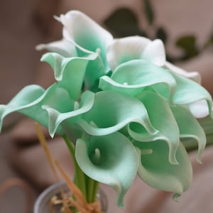 May include: A bouquet of artificial calla lilies in a light green color. The flowers are arranged in a vase and have a white center.