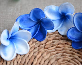 Royal blue Center Plumerias Natural Real Touch Flowers frangipani heads DIY cake Toppers, Wedding Decorations