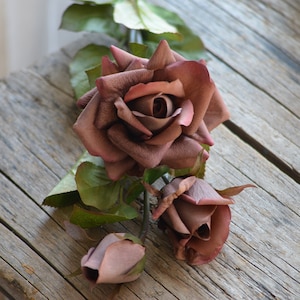 3 teste marrone / avorio Real Touch Fake Roses, fiori artificiali, fiori fai-da-te / matrimonio / decorazione domestica / regali, bouquet / centrotavola fai da te