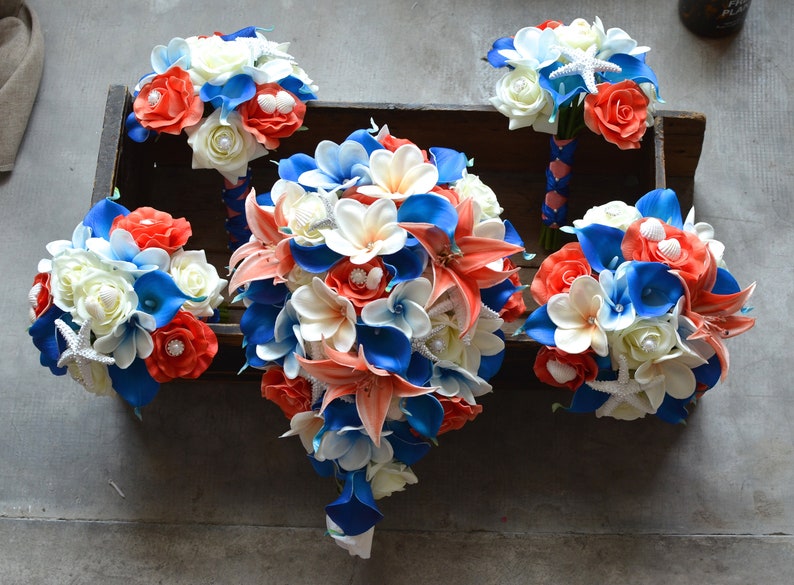 Coral Blue Beach Wedding Bouquets Real Touch Flowers Plumerias Etsy