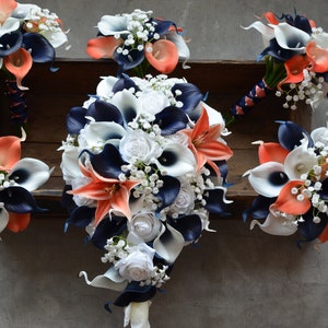 Coral Navy Wedding Bridal Bouquets, Bridesmaids Bouquets, Boutonnieres, Real Touch Coral Navy Picasso Calla Lilies, White Roses, Tiger Lily 1 junior bouquet--6"