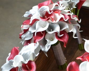 Silver Wine Calla Lilies Bridal Bouquet, Real Touch Flowers