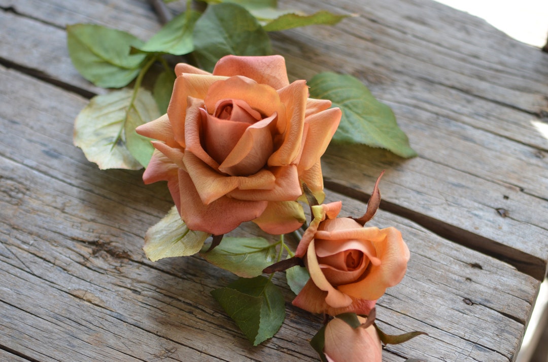 3 Heads, Orange Real Touch Fake Roses, Fall Orange Artificial Roses
