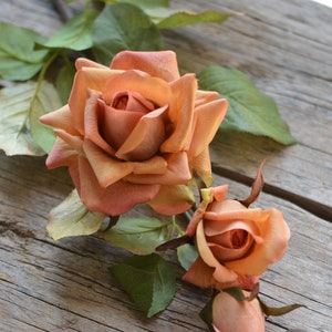 3 Heads, Orange Real Touch Fake Roses, Fall Orange Artificial Roses, Burnt Orange Roses, Wedding Decor, Holiday Decor Flowers