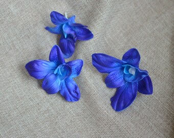 3 Dark Turquoise Blue Orchids Heads, Real Touch Thailand Orchids, DIY Cake Toppers, Home Decor