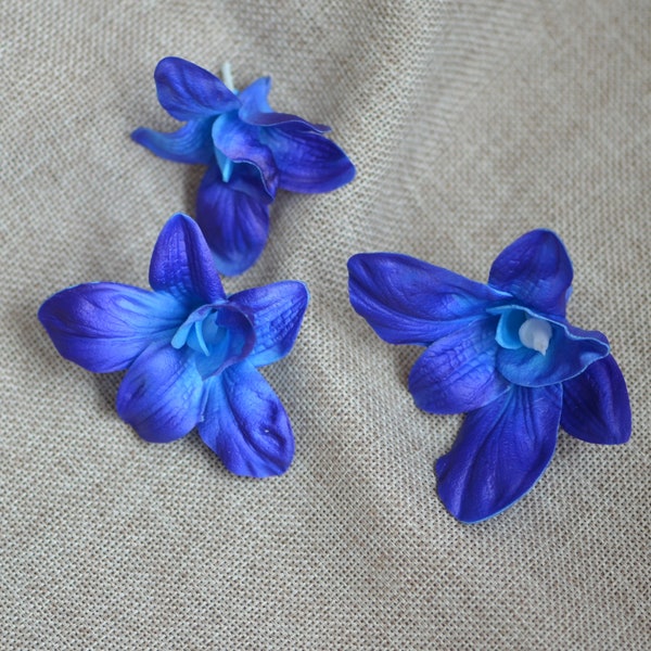 3 Dark Turquoise Blue Orchids Heads, Real Touch Thailand Orchids, DIY Cake Toppers, Home Decor