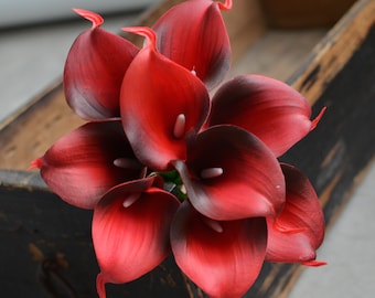Dark Red Calla Lilies Real Touch Flowers DIY Silk Wedding Bouquets Wedding Decorations 9stems