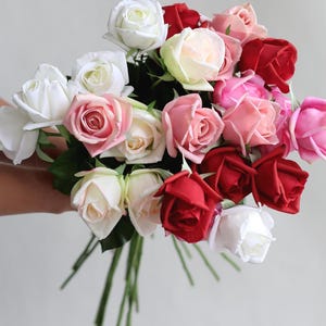 25.5&quot; Real Touch Artificial Half-Open Roses in White/Pink/Yellow/Red, DIY Florals | Wedding/Home/Kitchen Decoration, Holiday Gifts For Her
