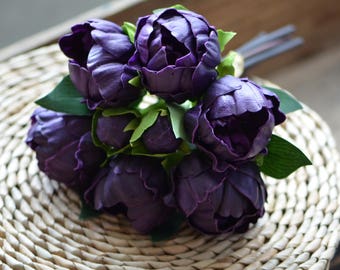 Dark Plum Peonies, Real Touch Peonies, Bunch DIY Silk Bridal Bouquets Wedding Bouquets Real Touch Flowers