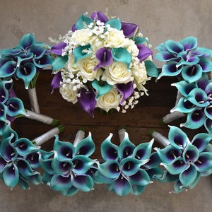 Teal Purple Bridal Bouquets, Real Touch Calla Lilies, Roses, Bridesmaids Bouquets, Boutonnieres, Wedding Package