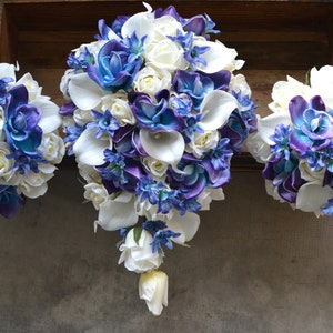 Blue Purple Orchids Wedding Bouquet Ivory Roses Bridal - Etsy