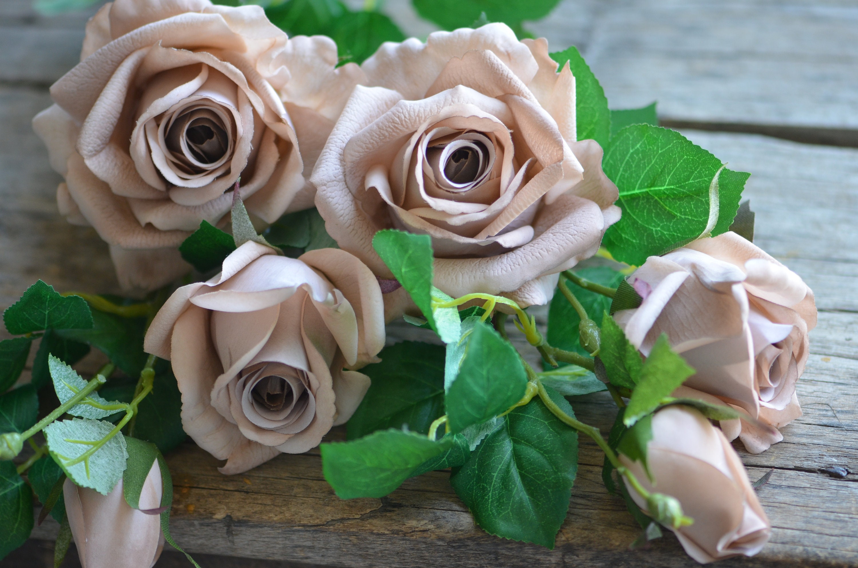 3 Heads Brown Real Touch Faux Roses, Taupe Tan Roses, DIY Florals