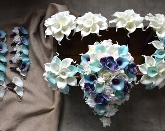 22 Blue Purple Wedding Bouquets Package, Real Touch Calla Lilies, Hydrangeas, Orchids, Choose Your Colors, Numbers