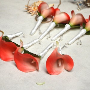 8 Boutonnieres Real Touch Coral Calla Lily Groomsmen Boutonnieres Real ...