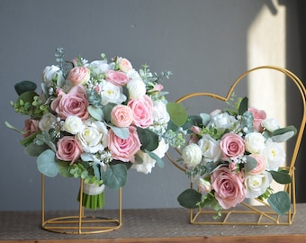 Rose Pink Wedding Bouquet, Dusty Pink Cream Ivory Bridal Bouquet, Real Touch Fake Roses, Lamb's ears, Boho Spring Bridal Bouquet, Eucalyptus