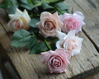 Rosas de color rosa pálido con tacto real, arreglo floral DIY, flores artificiales