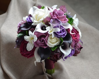 Burgundy Purple Bridal Bouquet, Real Touch Callas, Roses, Burgundy Peonies, Orchids, Wedding Bouquets
