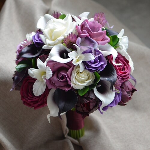 Blue Purple Orchids Wedding Bouquet Ivory Roses Bridal Etsy