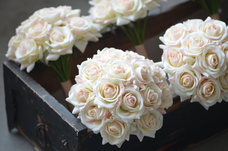 Blush Ivory Bridesmaids Bouquets Real Touch Roses Wedding Bouquets Real Touch Flowers Bouquets