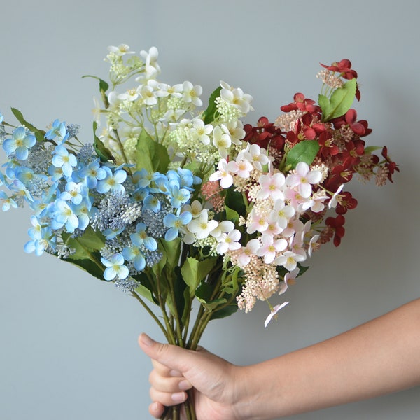 Seeded Hydrangeas, Vintage Artificial Wildflowers, Silk Hydrangeas, Blue Red, Unique Table Centerpieces