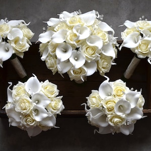 Ivory Bridal Bouquets, Real Touch Roses, Calla Lilies, Wedding Bouquets