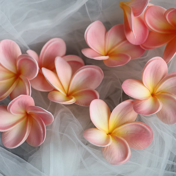 Faux Light Coral Frangipani Plumerias, natürliche Real Touch Blumen. Blumenköpfe. DIY Kuchendekorationen, DIY Haarblumen