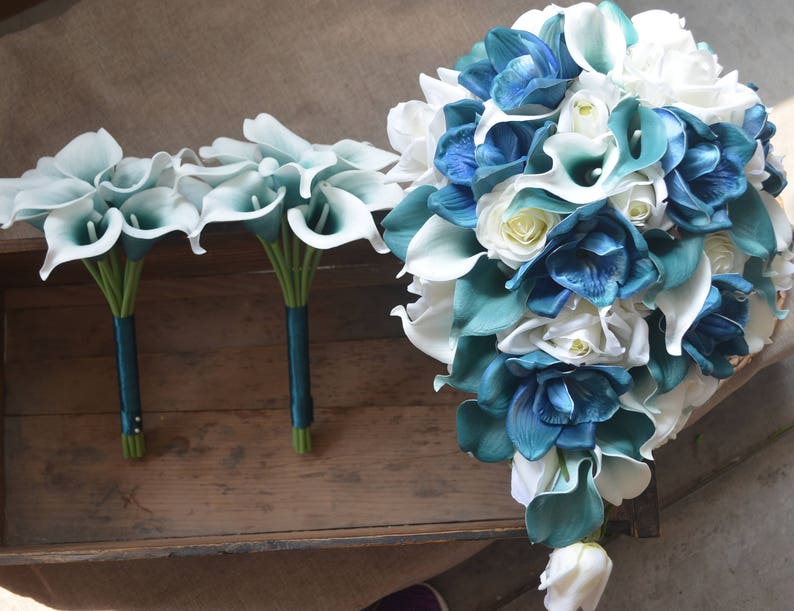 Teal Cascade Bridal Bouquet Real Touch Flowers Calla Lily Etsy