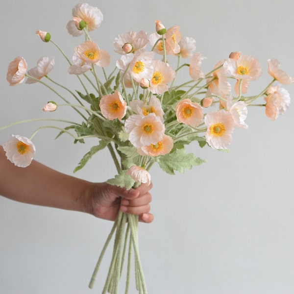 20" Faux Poppy Flowers Branch- Champagne/Peach, 4 Blooms Each Spray, Realistic Faux Poppy, DIY Floral, Wedding/Home/Kitchen Decorations