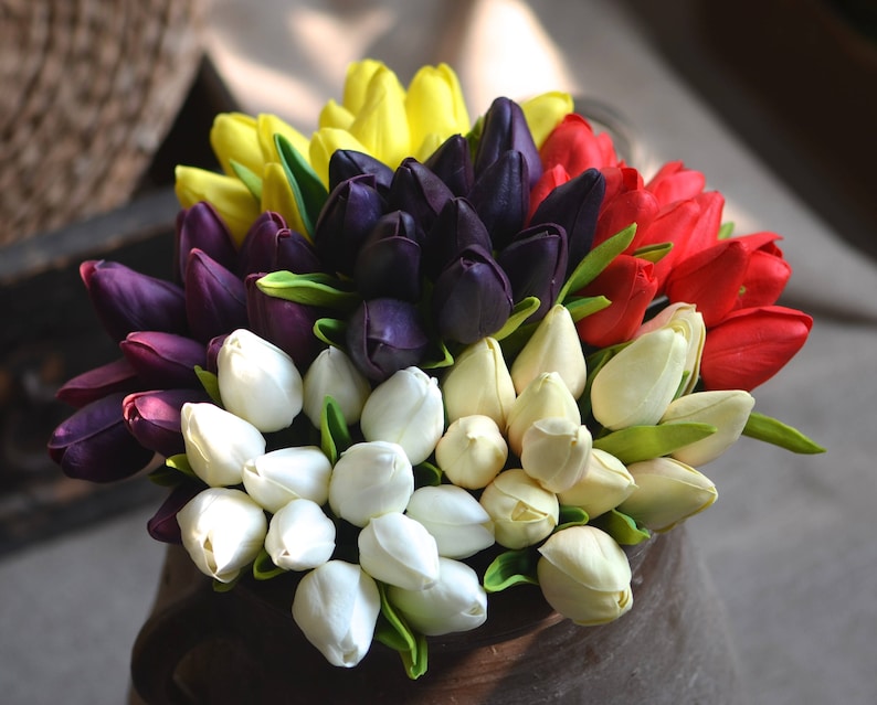 Real Touch Tulips For DIY Wedding Bouquets Centerpieces Tulips Buds Ivory Purple Tulips image 1