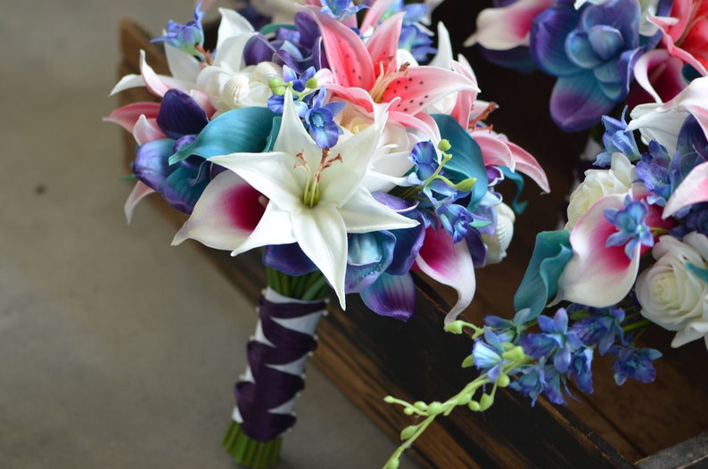 Blue Purple Orchids Bouquets Fake Flowers Hot Pink Lilies Etsy