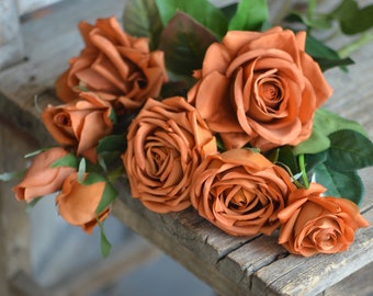 Terracotta, Toffee Real Touch Roses, Burnt Orange Fake Artificial Roses, Autumn Home Decor, DIY Florals | Wedding/Home Decoration | Gifts