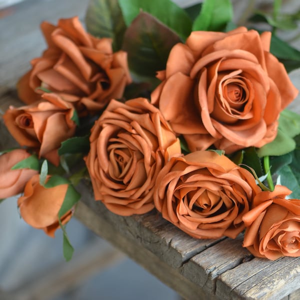 Terre cuite, Roses caramel Real Touch, Fausses roses artificielles orange brûlée, Décoration d’automne, Fleurs DIY | Mariage/décoration de maison | Cadeaux