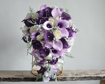 Fake Flowers Cascading Bouquet, Purple Lavender Lilac Calla Lilies Plum Roses Real Touch Flowers Bridal Bouquet, Rustic Boho Wedding Bouquet