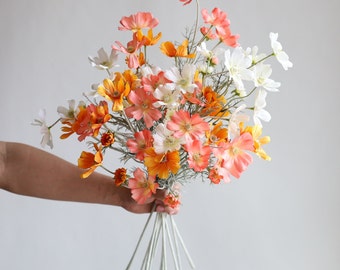 23.5" Faux Cosmos Flower Branch, Coral Orange White Spring Summer WildFlower, DIY Floral/Wedding/Home/Kitchen Decoration, Centerpiece, Gift