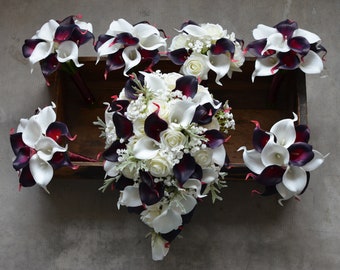 Burgundy Calla Lily Bridal Bouquet, Ivory Roses, Real Touch Flowers