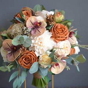 Rust Orange Champagne Wedding Bouquet, Fall Boho Bridal Bouquet, Terracotta Bridesmaids Bouquets, Boutonnieres, Brown Orchid