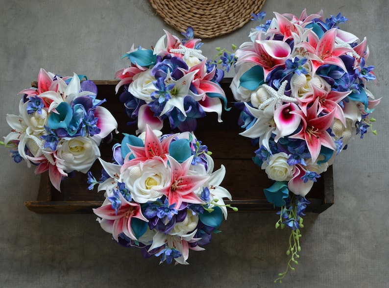 Blue Purple Orchids Bouquets Fake Flowers Hot Pink Lilies Etsy