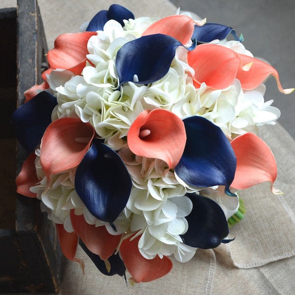 Coral Navy Brautstrauß Real Touch Calla Lilien Hortensien Hochzeitsstrauß
