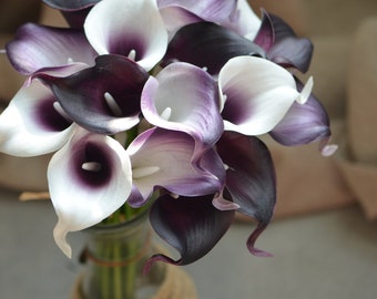 Set of 9 Plum Picasso Calla Lilies, Real Touch Flowers, DIY Silk Bridal Bouquets, Bridesmaids Bouquets, Wedding Table Centerpieces