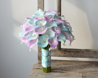 Aqua Lavender Bridal Bouquet, Real Touch Calla Lilies, Forever Flowers