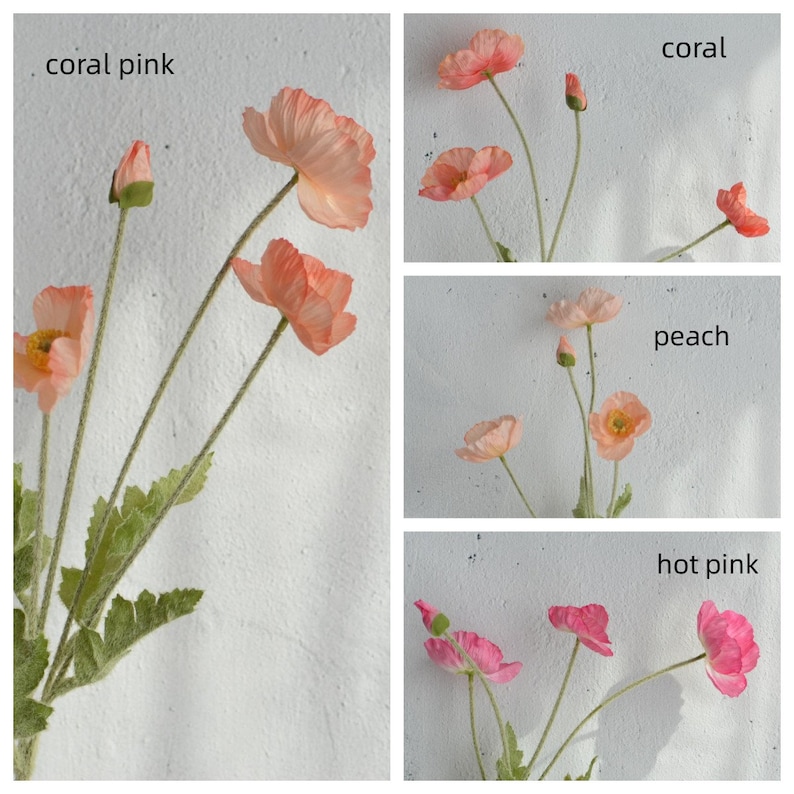 May include: Four silk poppy flower stems in different shades of pink, coral, peach, and hot pink. The flowers are arranged in a grid pattern with the color name written above each flower.