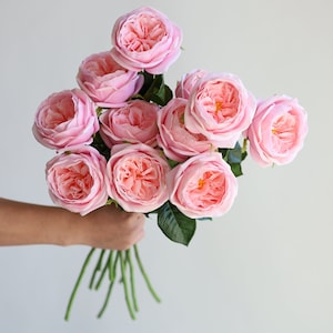 18.9” Faux Real Touch English Cabbage Roses-Pink, Realistic Fake Flowers, Spring Summer DIY Florals |Wedding/Home/Kitchen Decorations, Gifts